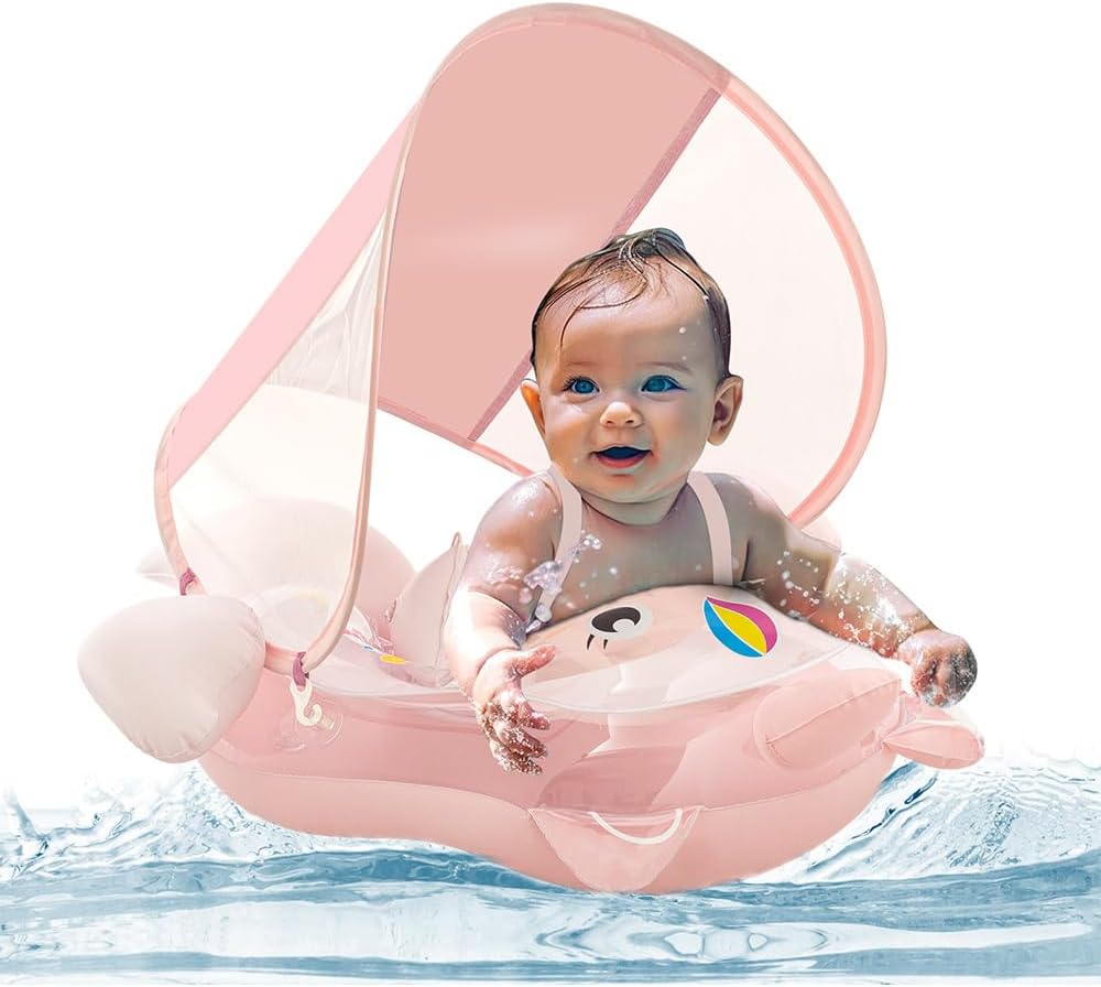 Baby Schwimmring mit Sonnendach Entfernbar, Schwimmring Baby mit Verstellbarer Sicherheitssitz, Kipp