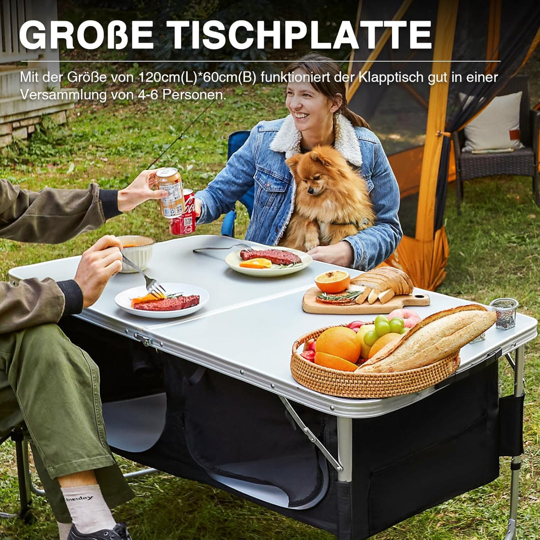EVER ADVANCED Campingtisch Klappbar Alu Klapptisch Alu 120 x 60cm Höhenverstellbar mit Stauraum, 4-6