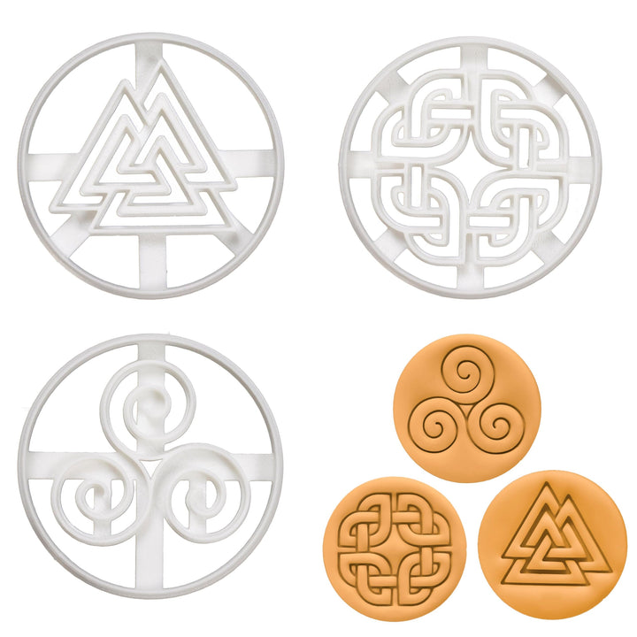 3er Set Nordische Runen Ausstechformen (Formen: keltischer Schildknoten, Triskelion, & Valknut), 3 T
