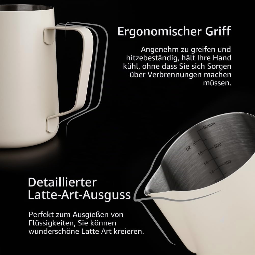 watchget Milchaufschäumkrug, 600 ml, Edelstahl, Espresso-Krug für Cappuccino und Latte Art, Cremewei