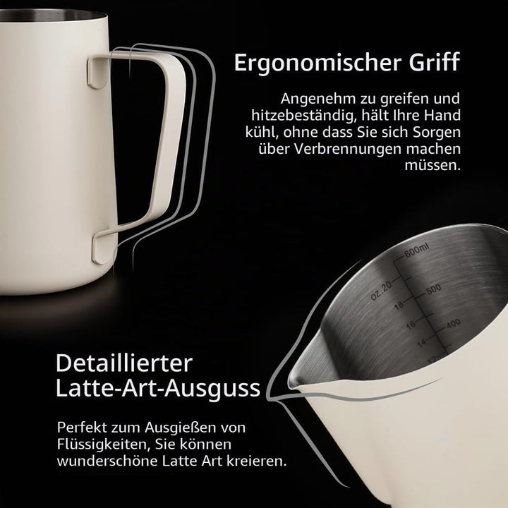 watchget Milchaufschäumkrug, 600 ml, Edelstahl, Espresso-Krug für Cappuccino und Latte Art, Cremewei