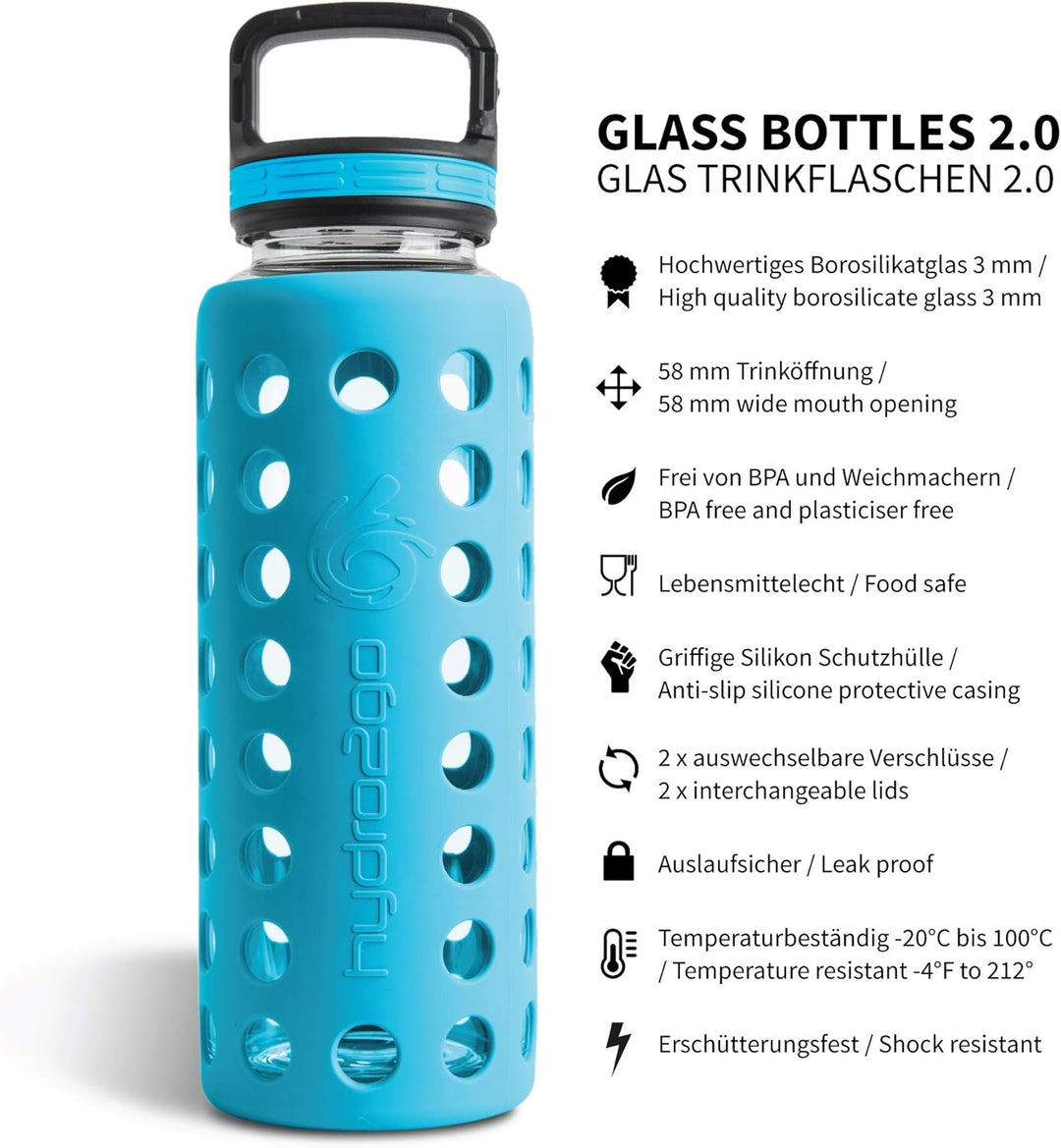 hydro2go® Trinkflasche aus Glas mit Silikonhülle 950 ml - spülmaschinenfest | 2 auswechselbare Decke