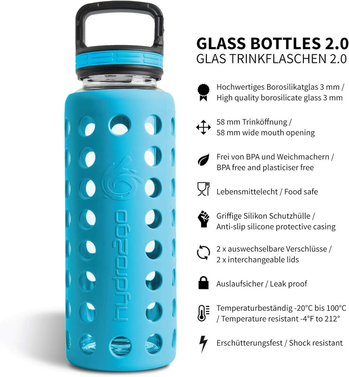 hydro2go® Trinkflasche aus Glas mit Silikonhülle 950 ml - spülmaschinenfest | 2 auswechselbare Decke