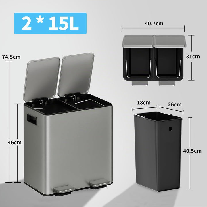 mVm Mülleimer Küche,30 Liter Treteimer,2 x 15 Liter Treteimer, 2 Fächer, Mülltrennsystem, Abfalleime