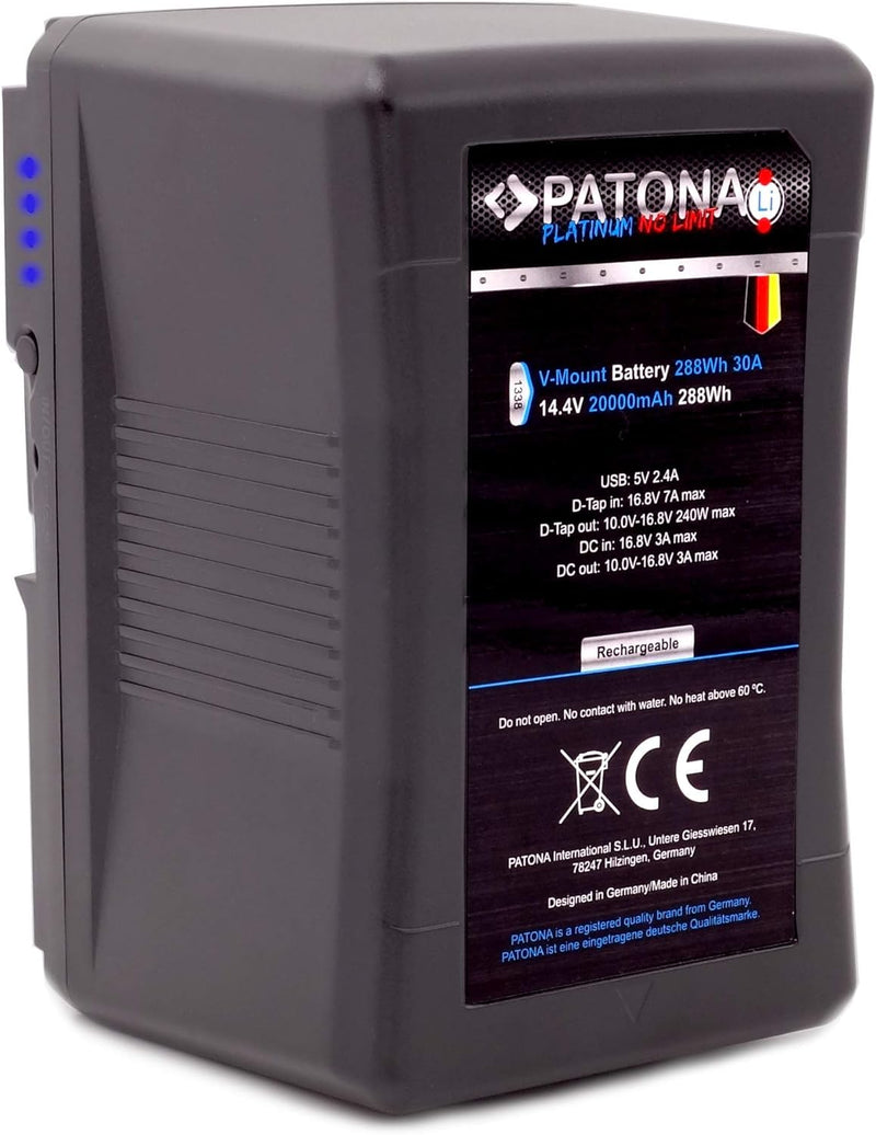 PATONA Platinum V-Mount Akku BP-290W (20A / 288Wh / 20.000mAh / D-Tap, USB, DC) kompatibel mit Aputu
