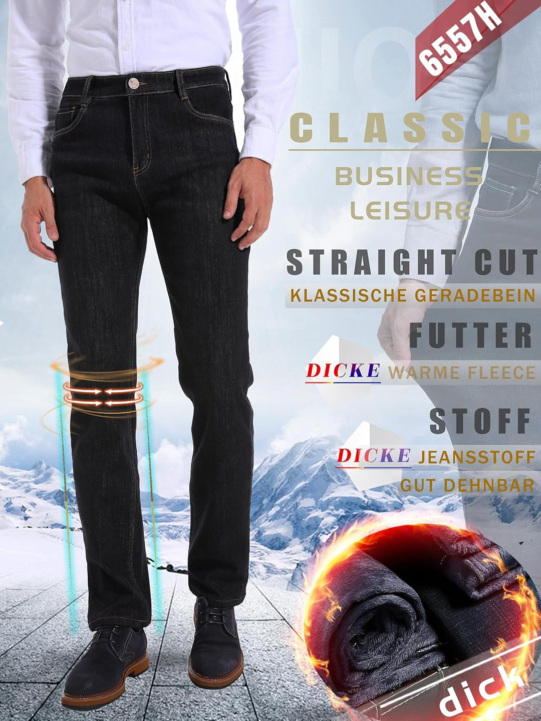 ziilay Thermojeans Herren Thermohose Schneehose gefütterte Winterhose Winterjeans mit Fleece gefütte