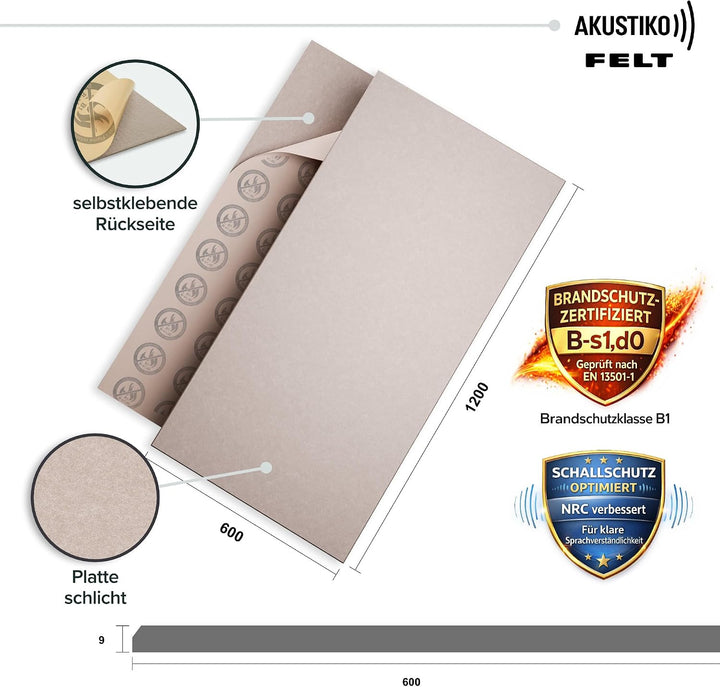 AKUSTIKO Akustikpaneele Selbstklebend 120x60cm - 4 Stück Taupe Akustik Wandpaneele Brandschutzklasse
