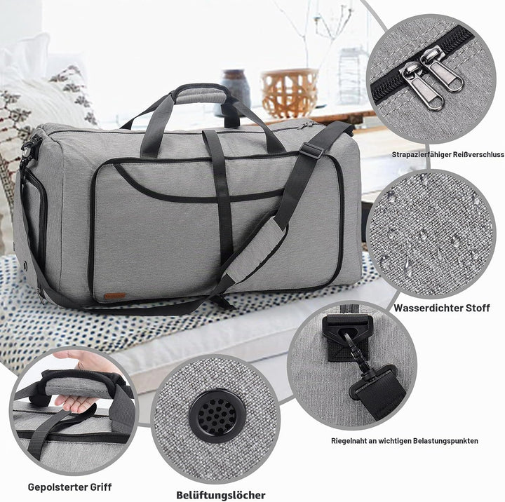 Vogshow Reisetasche grosse Faltbare 80L, Weekender Übernachtungstasche Seesack wasserdicht Sporttasc