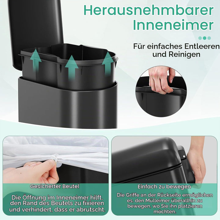 Clevich schmaler 20L geruchsdicht Metall-Mülleimer, Softclose, Schwarz, Schwarz