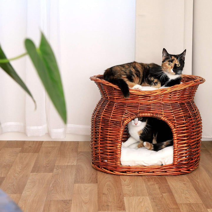 lionto Weidenkorb für Katzen und kleine Hunde mit 2 weichen Liegekissen, 55x39x43 cm, gemütlicher Ka