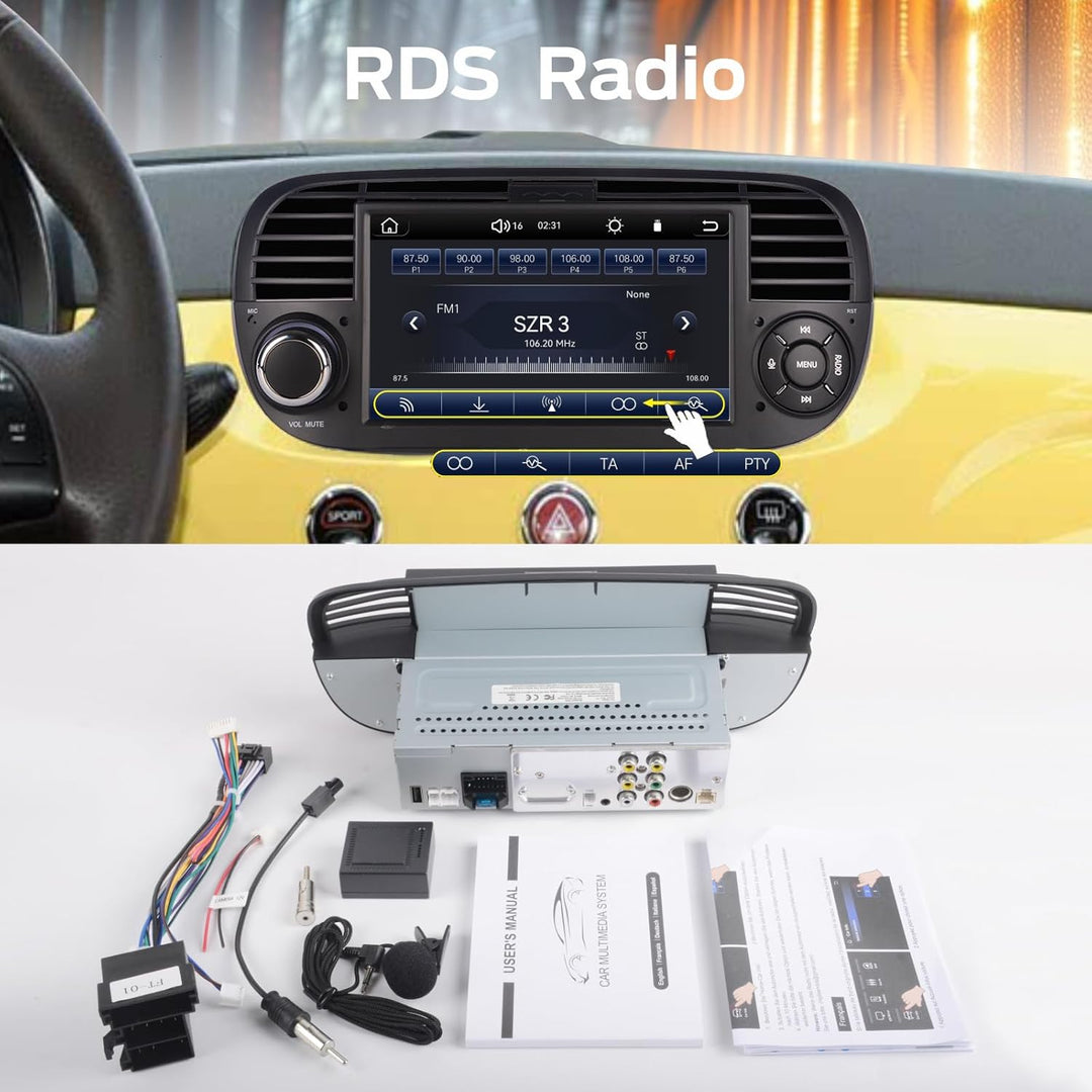 Linux Autoradio Blitzstart für Fiat-500 2007-2015 | Plug & Play | Wireless CarPlay/Android Auto/Blue