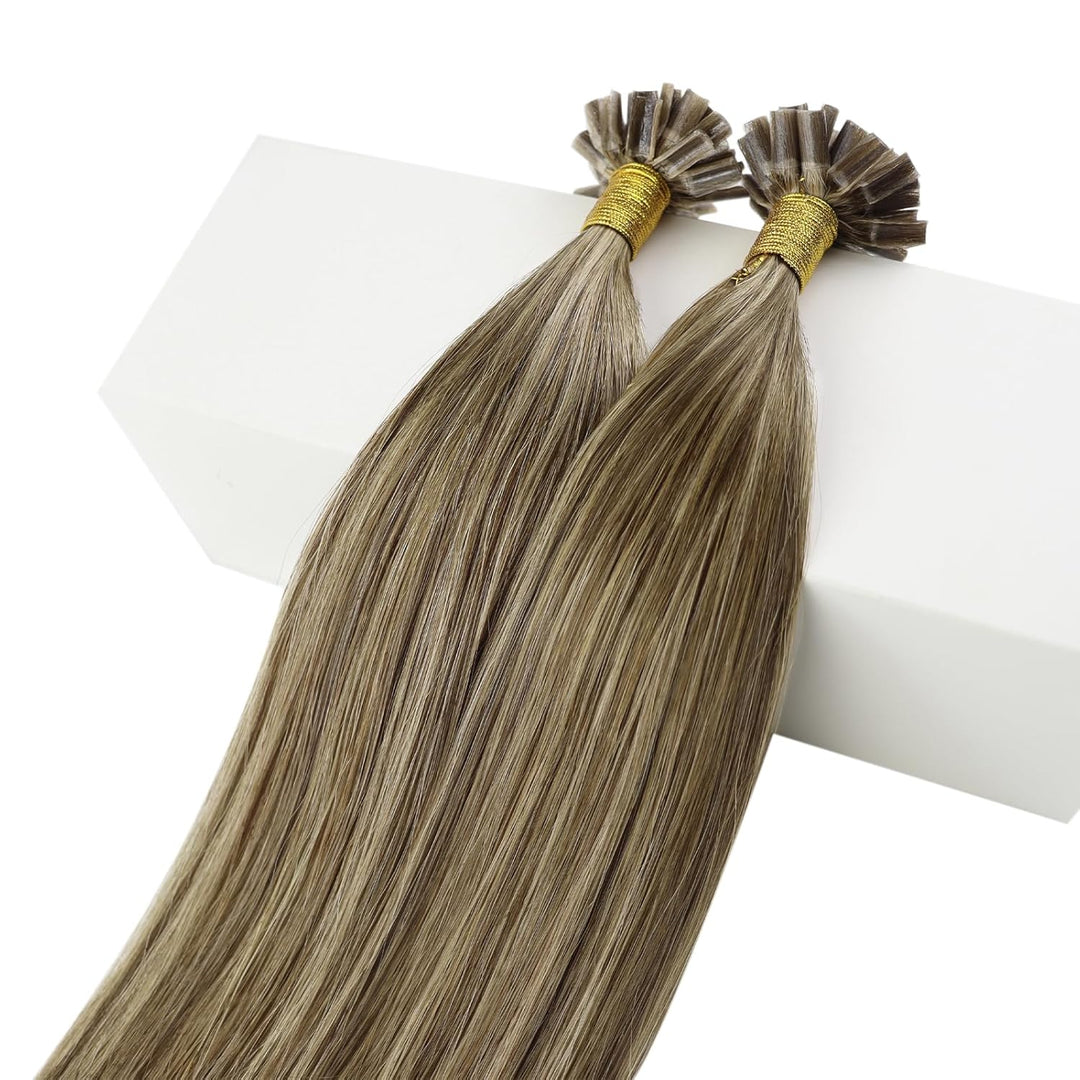 Fshine Bondings Echthaar Extensions Mittelbraun und Karamellblond 50g 35cm U Tip Haarverlangerung Ec