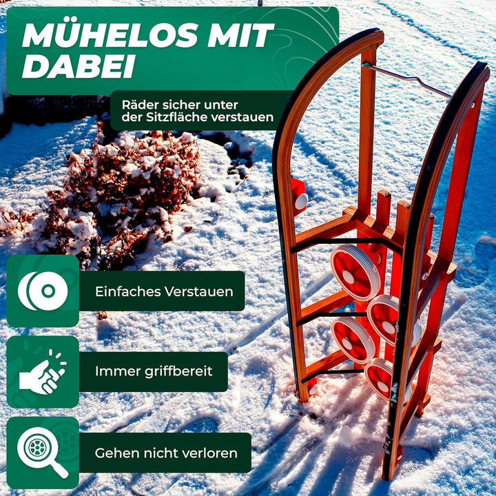 Roll Rodel Original Holzschlitten mit Rädern zum Einsatz auf Teer und Schnee - Schlitten mit Rollen,