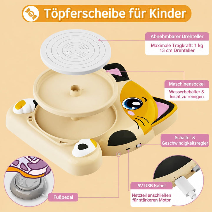 Töpferscheibe für Kinder – Komplettes Töpferstudio Set für Anfänger, Bastelset ab 8-12 Jahren mit 3x