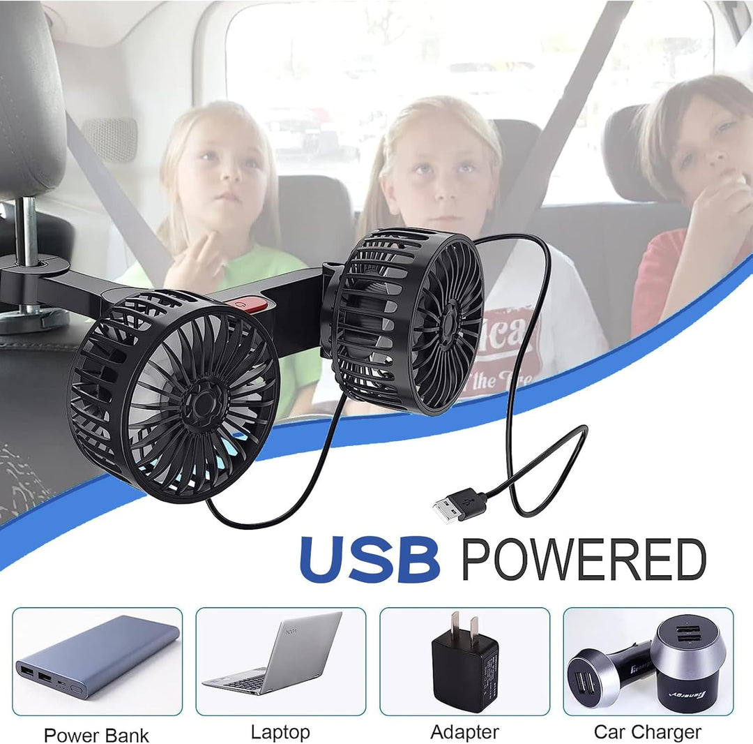 Doppelkopf 12V Auto Ventilator,Tragbare 360 °Drehbarer Auto Fan,Auto Ventilator für Rücksitz,Auto-Kü