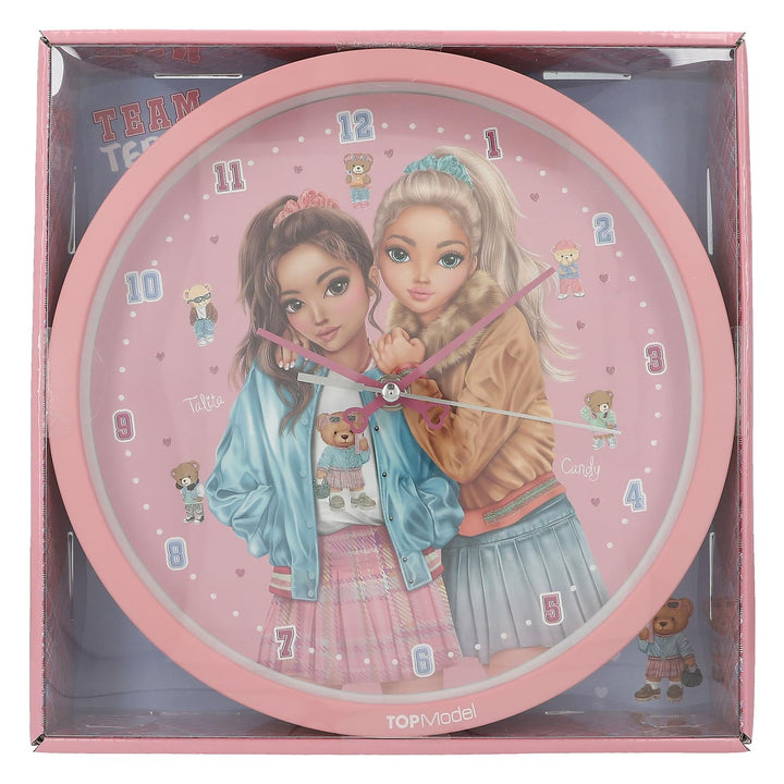Depesche 13228 TOPModel Team Teddy - Wanduhr in Rosa für Kinder, mit Model-Motiv und Teddy, lautlose