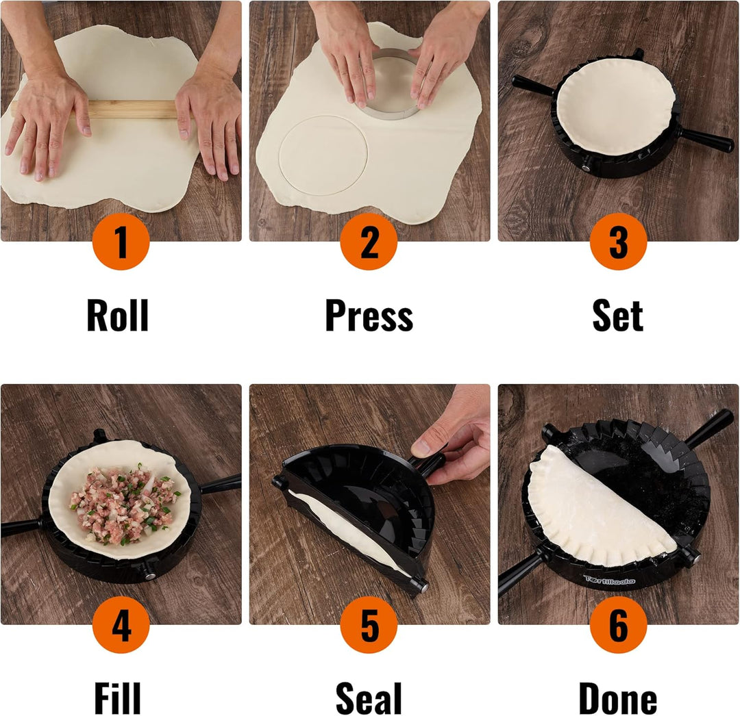 Tortillada – Empanadas Maker Formen 15,5 cm/Empanada Form Presse Set 7 teilig inkl. Rezeptbuch, Dips