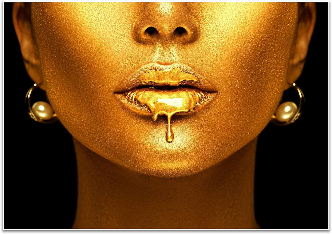 wandmotiv24 Poster als Wanddeko, Grösse 100x70cm, Gold Collection, Frau in Gold, Lippen, Farbe, Schm