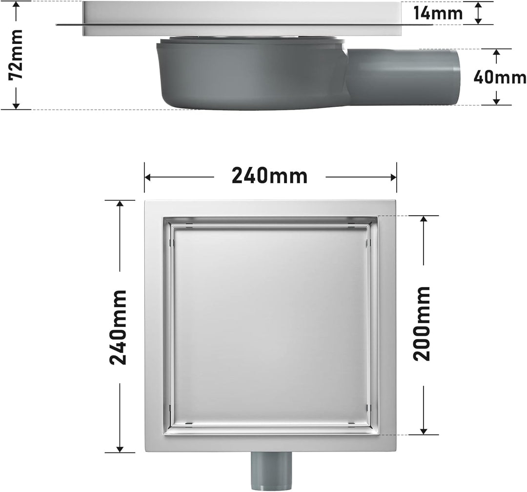 Duschrinne Quadrat 20 * 20cm, 360° Siphon mit Geruchsstop und Haarsieb 2 in1 Befliesbar Edelstahl Ab