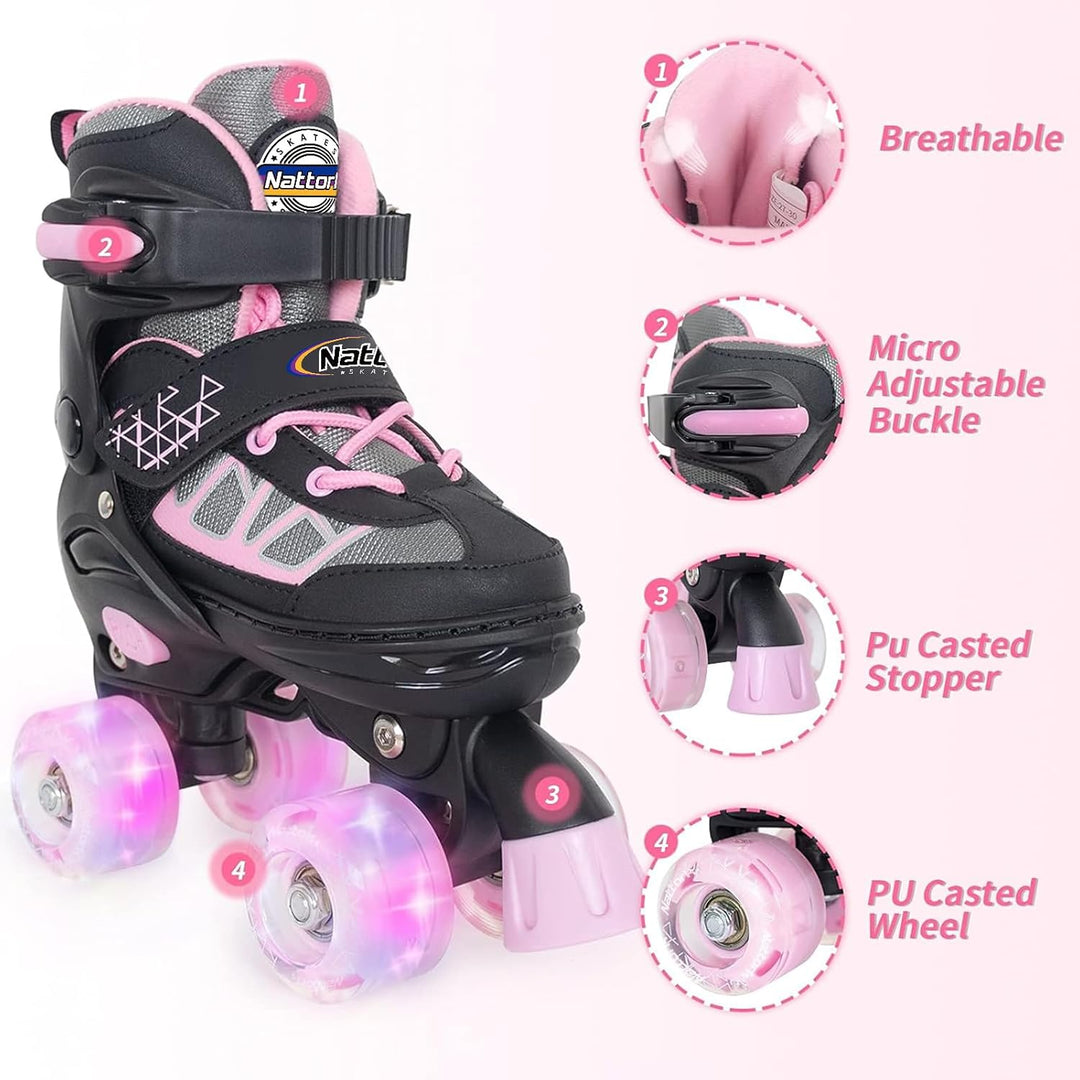 Nattork Kinder Rollschuhe für Mädchen, Jungen und Anfänger, 4 Grössen Verstellbare Rollschuhe mit Le