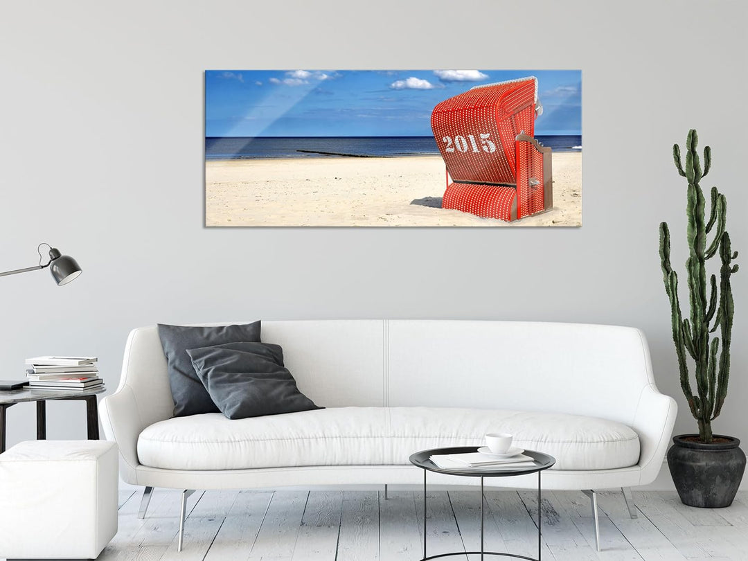 Glasbild Panorama | Wandbild aus Echtglas | Strandkorb an der Nordsee | 100x40 cm | inkl. Aufhängung
