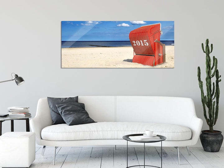 Glasbild Panorama | Wandbild aus Echtglas | Strandkorb an der Nordsee | 100x40 cm | inkl. Aufhängung