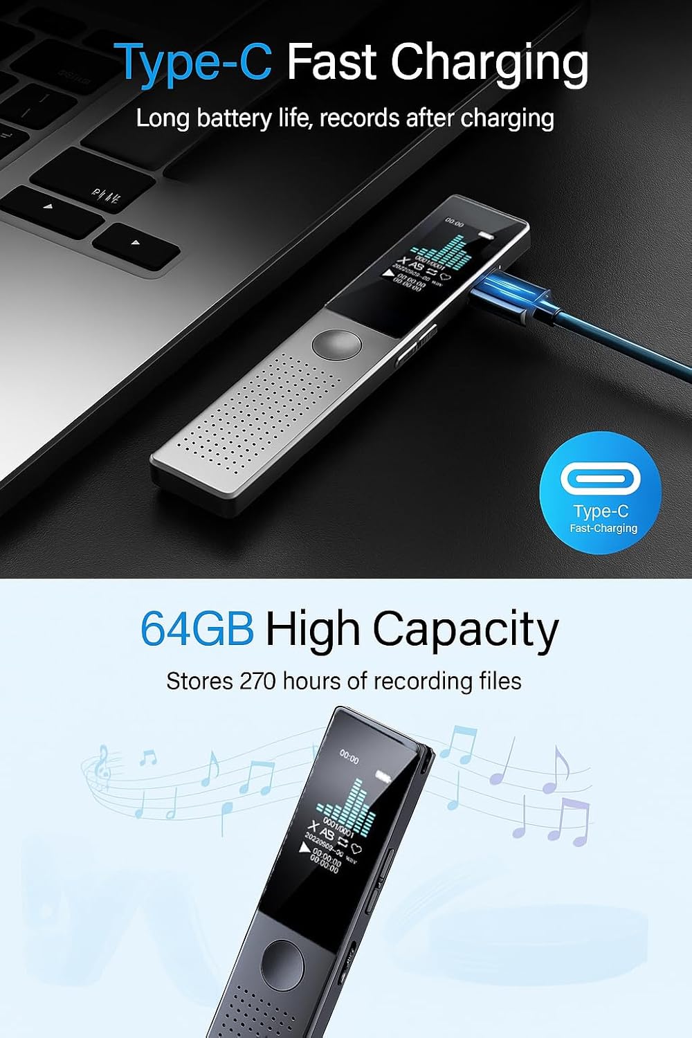 Digital Voice Recorder, Diktiergerät Aufnahmegerä mit Playback - 3072Kpbs One-Touch Audioaufnahmeger