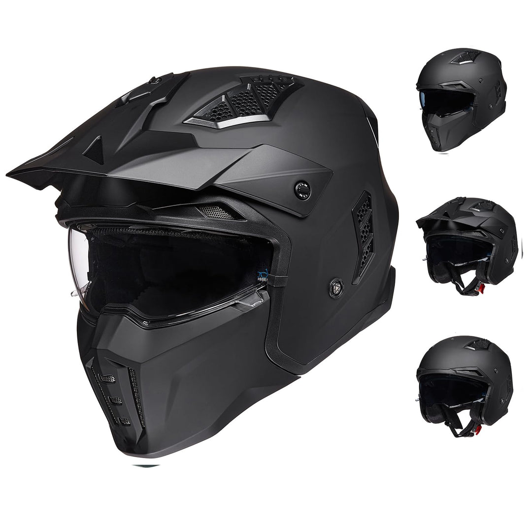 ILM Helm Motorrad Motocross Herren Damen Vintage Retro mit Visier ECE Model Z302,Schwarz Matt, XL XL
