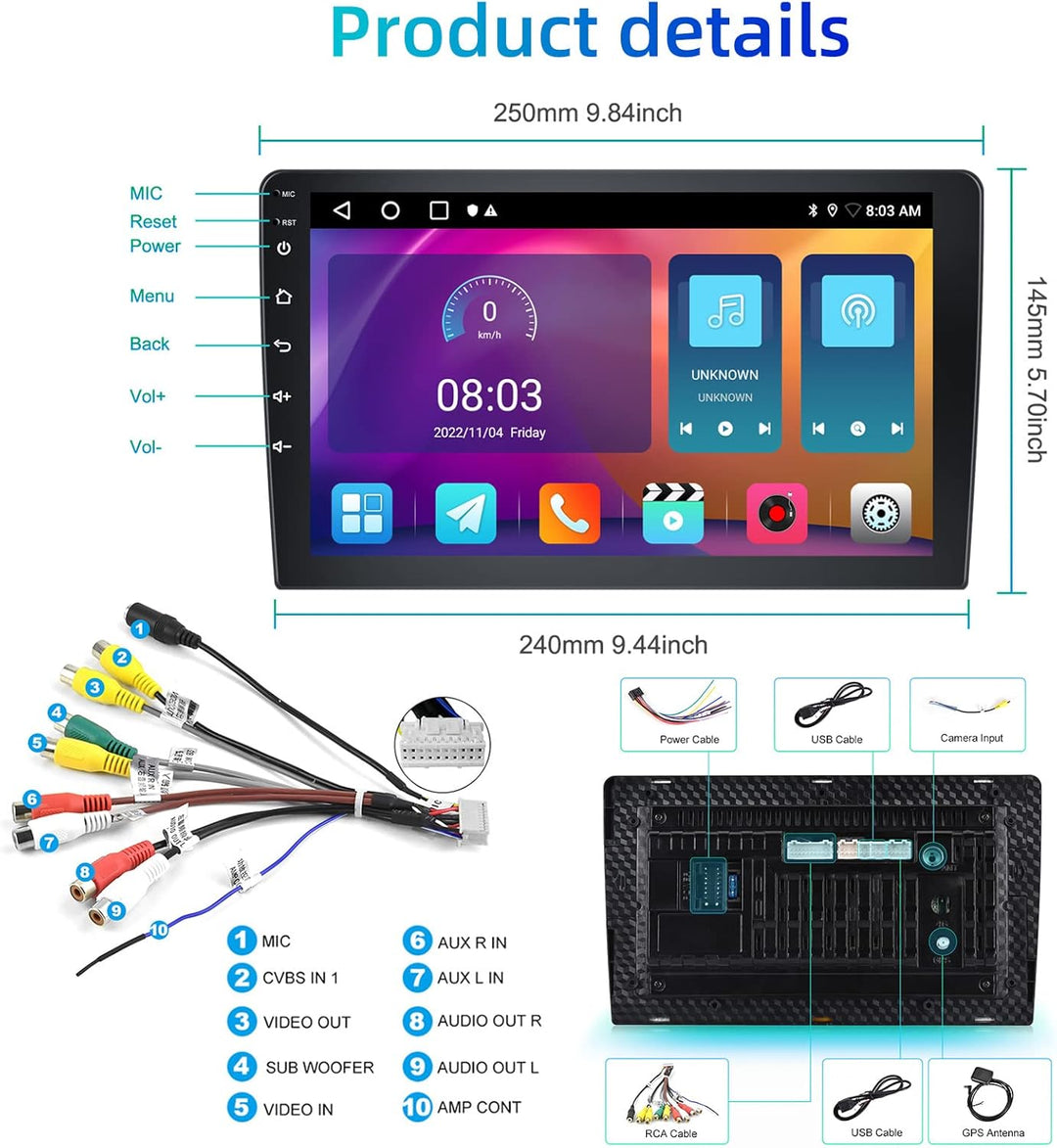 Podofo RDS Autoradio Doppel Din mit Drahtlosem Apple Carplay Android Auto 2G + 32G 10 Zoll Android A