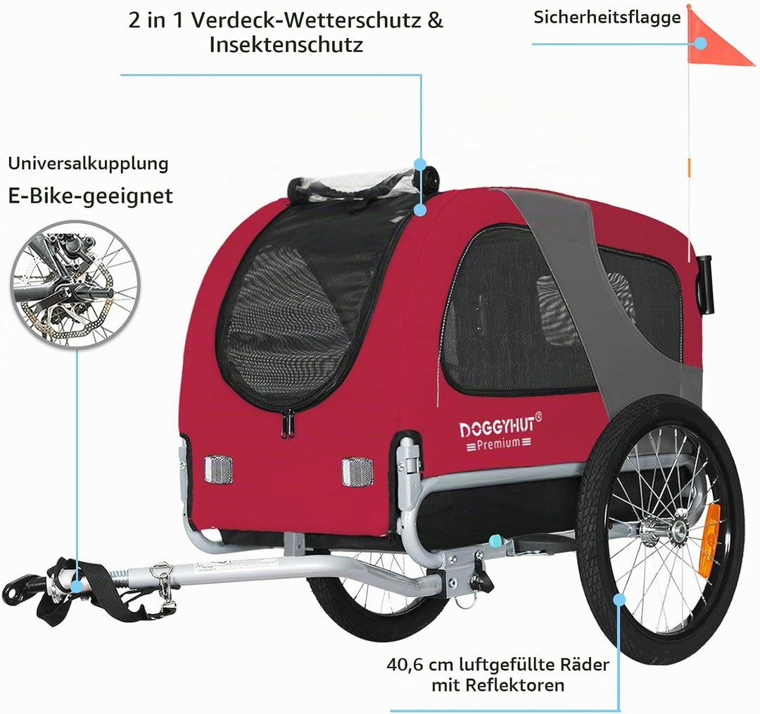 DOGGYHUT® Premium MEDIUM Hundefahrradanhänger &amp; Jogger 2in1 Fahrradanhänger 80104 (Rot)