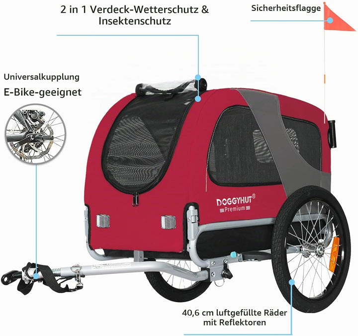 DOGGYHUT® Premium MEDIUM Hundefahrradanhänger &amp; Jogger 2in1 Fahrradanhänger 80104 (Rot)