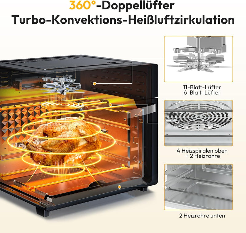 LLIVEKIT Heissluftfritteuse Minibackofen 26L, 1700W Airfryer XXL mit 12 Programmen und Rezeptbuch, H