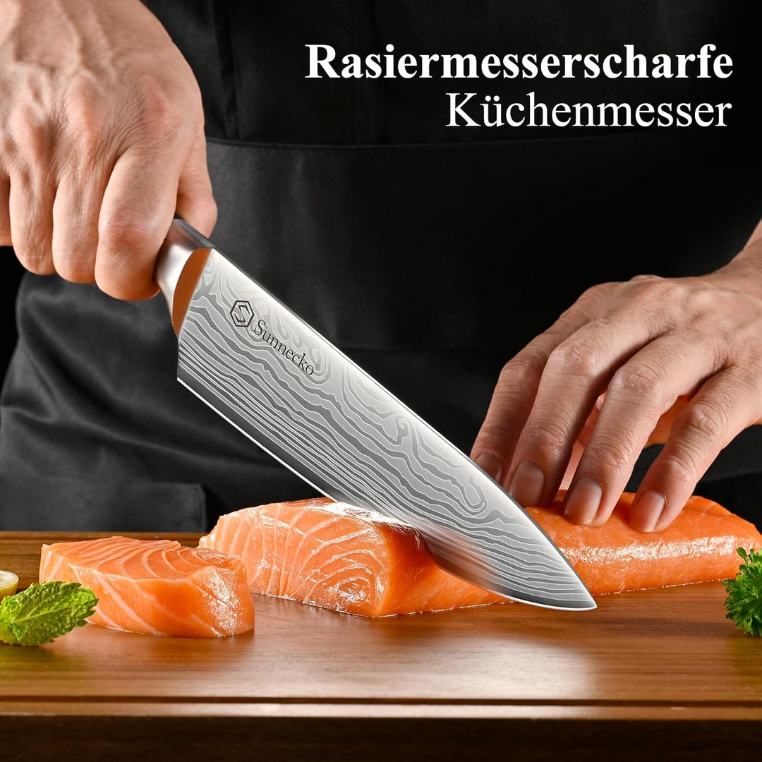Sunnecko 20cm Kochmesser Deutschem Edelstahl Küchenmesser mit Pakkaholz Griff Allzweckmesser Küche S