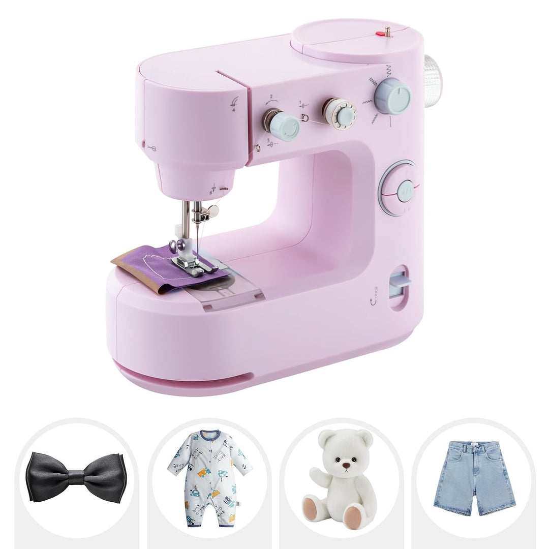 MINRS Nähmaschine Mini-Nähmaschine Nähmaschine Kinder mit Fusspedal(LED Licht, 5 Stichmuster, Fadena
