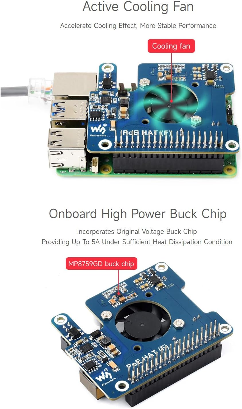 Waveshare PoE Power Over Ethernet HAT (F) Compatibele with Raspberry Pi 5 / cm 5, High Power, Onboar