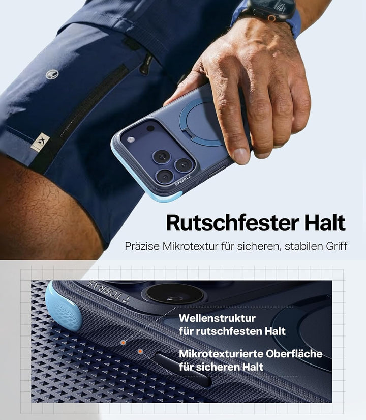 TORRAS Ostand Q3 Rugg für iPhone 17 Pro Hülle, Extrem rutschfest & fingerabdruckfrei, 360° Ständer f