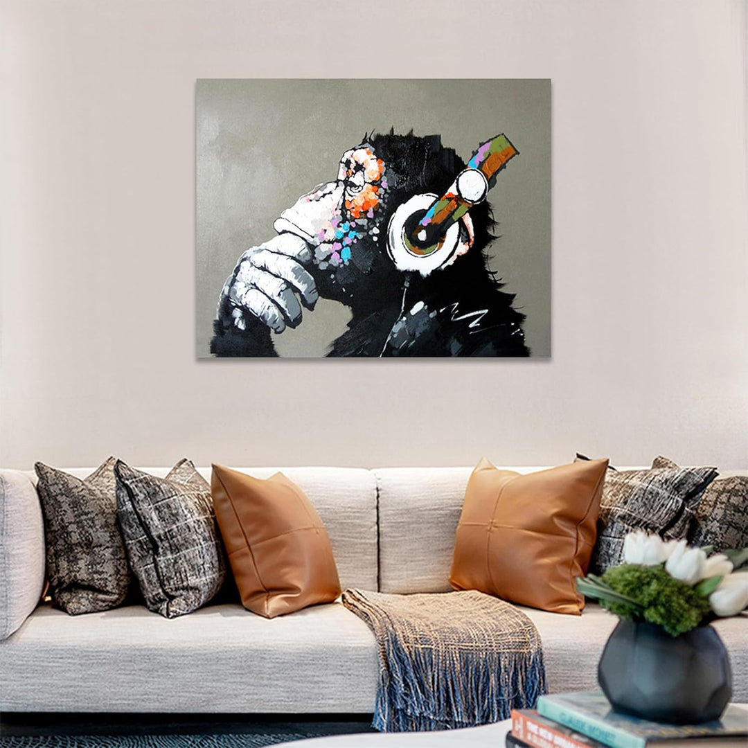 Fokenzary Handgemaltes Ölgemälde auf Leinwand Pop Art Putziger Schimpanse hört Musik mit Kopfhörer m