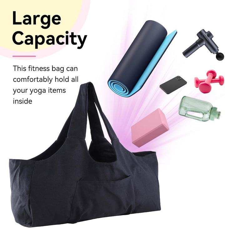 Grosse Yogamattentasche, Yogamatten Tote Gym Duffle Bag mit Seitentaschen für Damen Herren Schwarz,