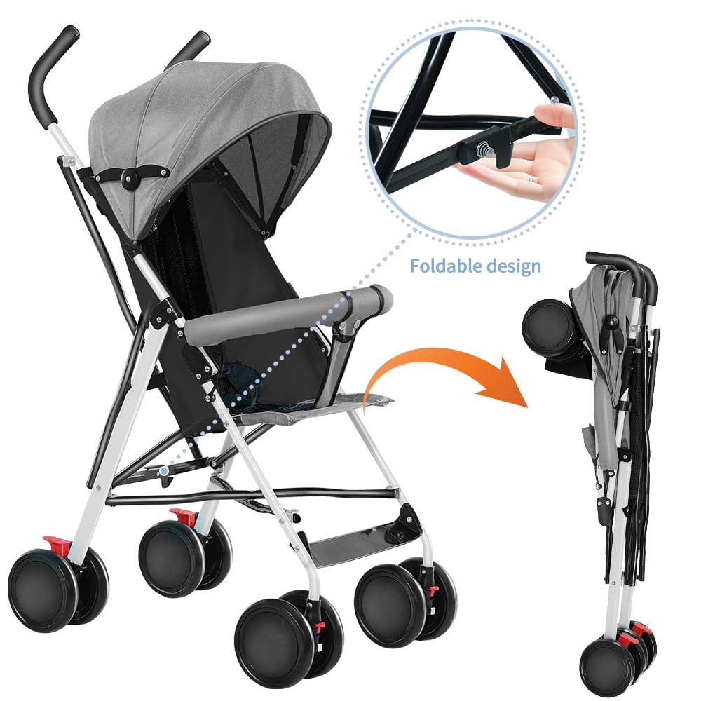 Leichter Buggy ab 6 Monaten, Fester Sitz & 3-Stufen Sonnenverdeck, 4-Rad Reisebuggy Klein Zusammenkl