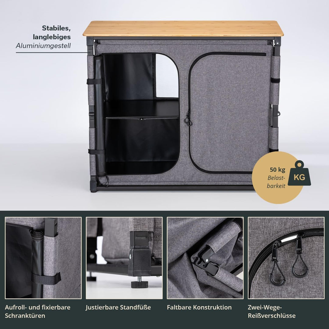 Skandika Campingschrank Triabo |Bambus Arbeitsplatte, Outdoor-Schrank faltbar, 4 Fächer mit festen E