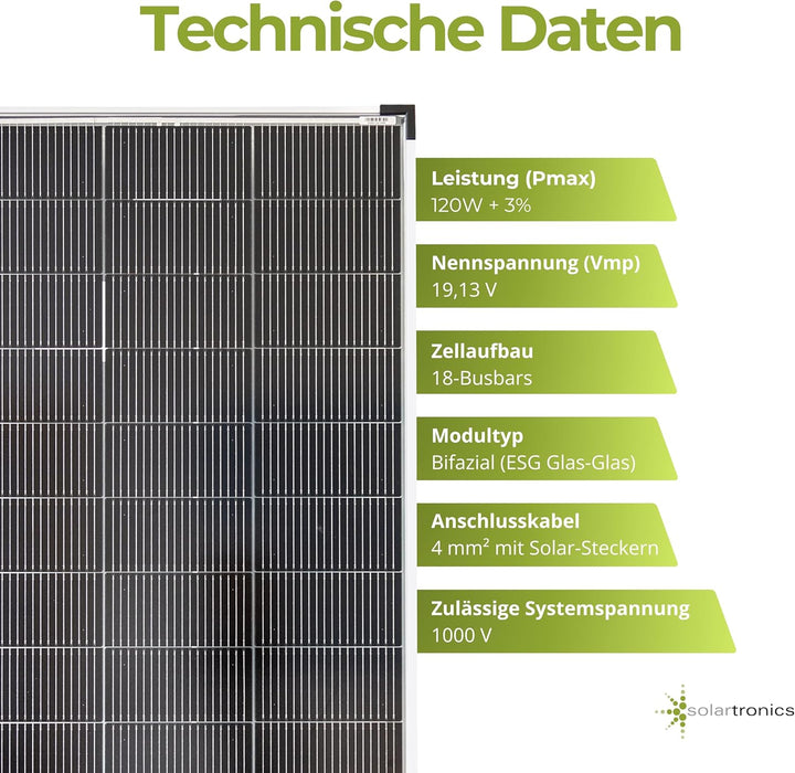 SOLARTRONICS Solarmodul 120 Watt Mono bifazial18 V 18 Busbars Solarpanel Solarzelle (2 Stück)