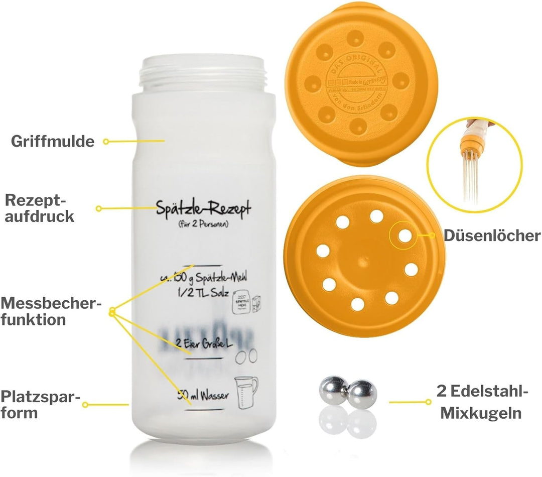 Einsteiger-Set zum Spätzle selber machen mit Spätzle-Shaker (675ml orange) 2 Portionen & Rezeptbuch