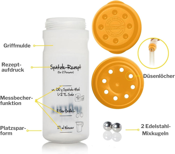 Einsteiger-Set zum Spätzle selber machen mit Spätzle-Shaker (675ml orange) 2 Portionen & Rezeptbuch