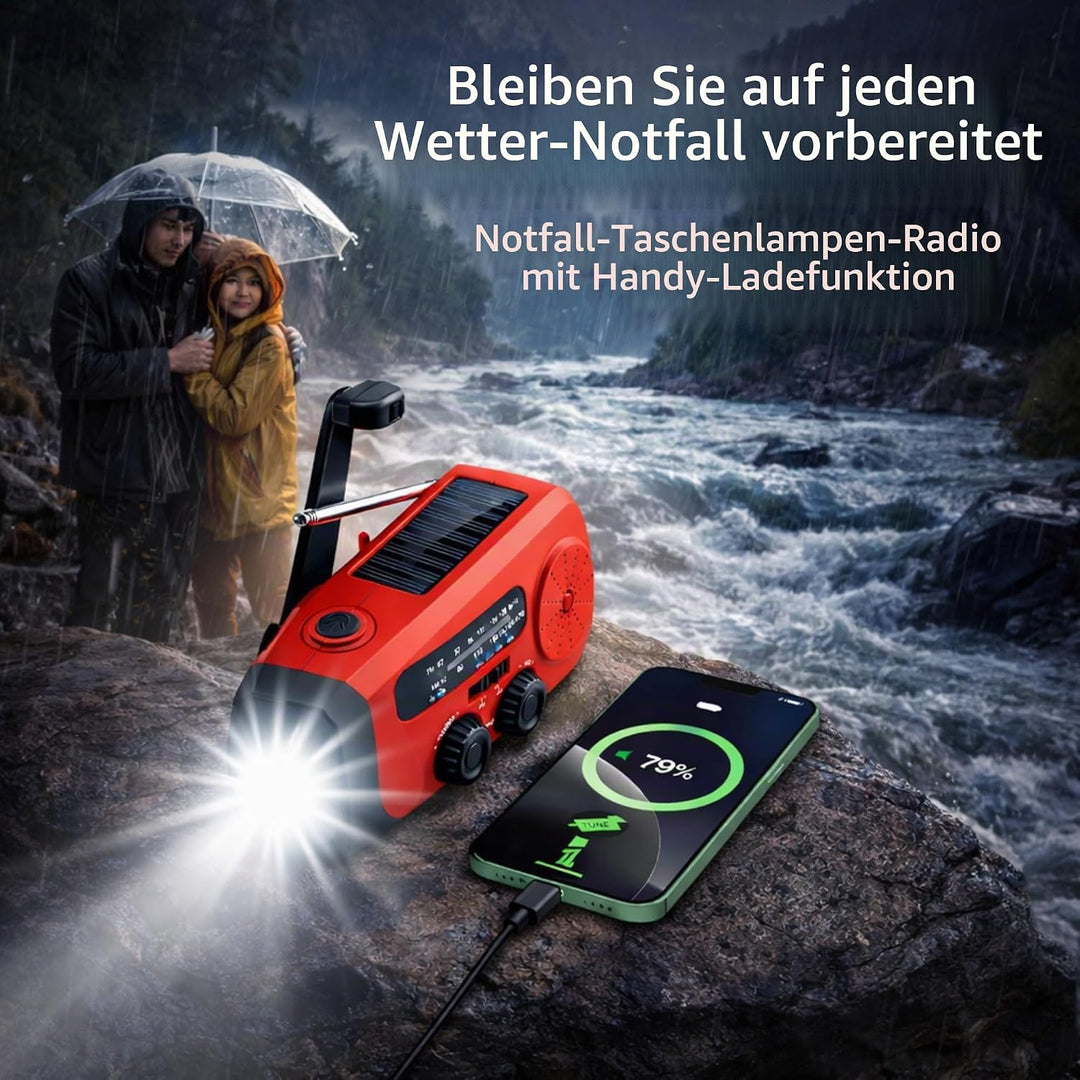 Kurbelradio Notfallradio Solarradio AM/FM, Powerbank 2000mAh, LED Taschenlampe, SOS-Alarm, USB-C, Ha