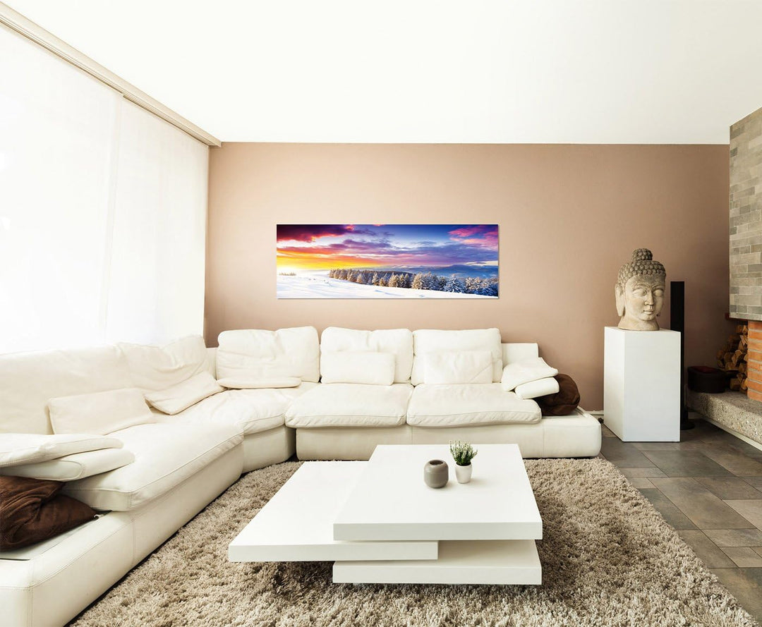 Paul Sinus Art Panoramabild auf Leinwand und Keilrahmen 150x50cm Ukraine Wald Schnee Berge Sonnenauf