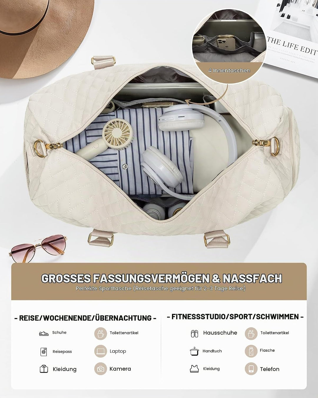 LOVEVOOK Reisetasche Sporttasche Damen, 45L Gross Weekender Travel Bag Kliniktasche Geburt mit Kultu