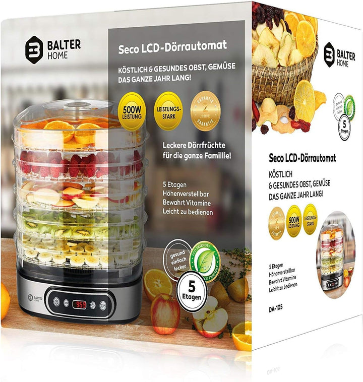 Balter Seco LCD Dörrgerät 500 W mit Temperatureinstellung Digital von 35-70°C 5 höhenverstellbare Et