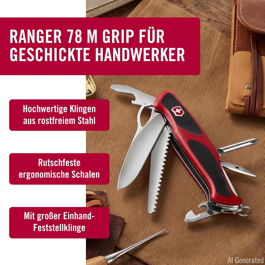 Victorinox Taschenmesser Ranger Grip 78 (12 Funktionen, Einhand-Feststellklinge) rot/schwarz Single,