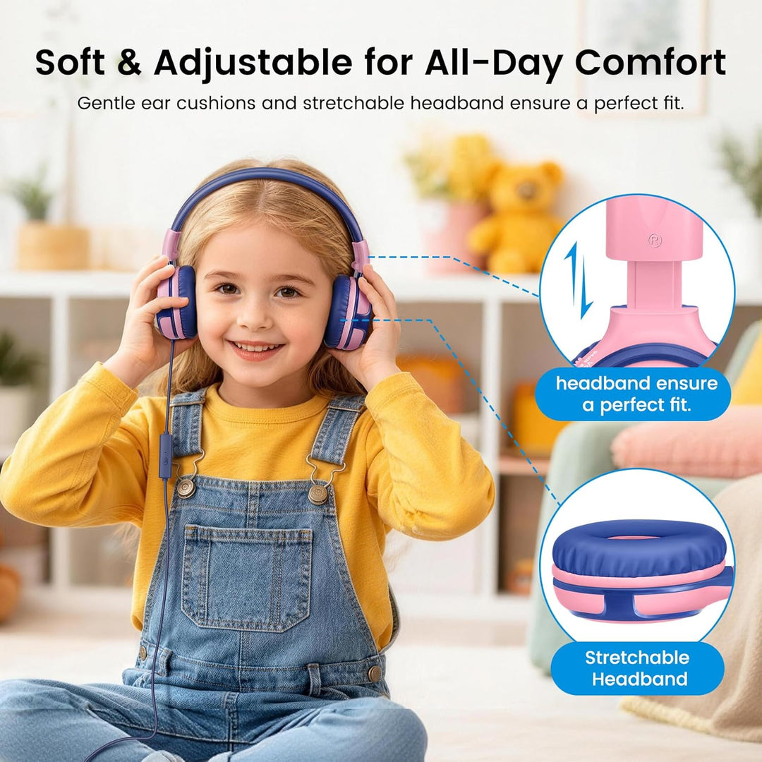 SIMOLIO Kopfhörer Kinder mit eingebautem Mic, Kinderkopfhörer mit Lautstärkebegrenzung 94-85-75dB, S