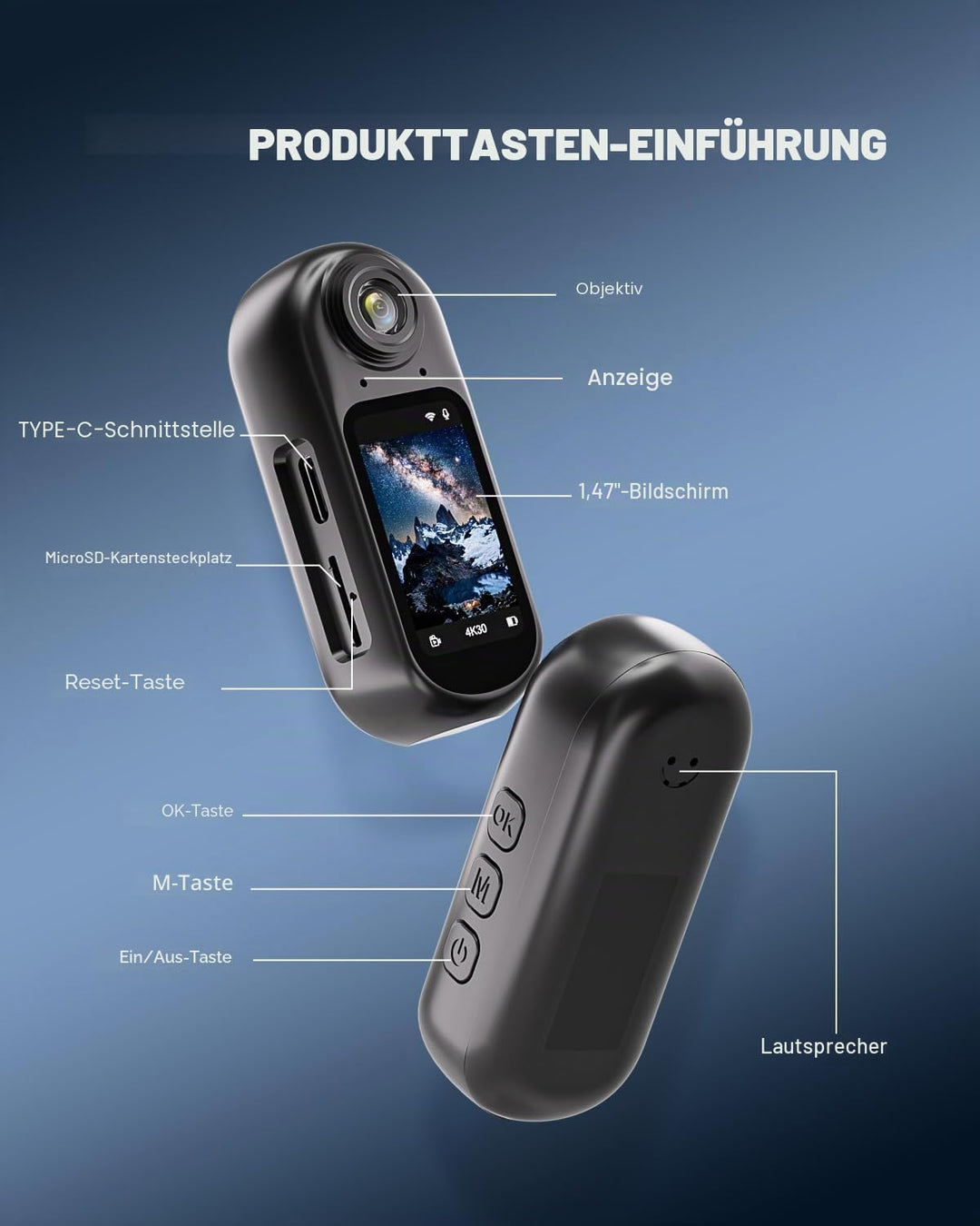 Mini Action Kamera 4K WiFi -128GB tragbare Körperkamera, magnetisches Umhängeband, Daumengrösse, fre